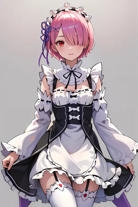 masterpiece, best quality, highres, ram1, 1girl, solo, ram \(re:zero\), pink hair, white thighhighs, short hair, red eyes, hair ...