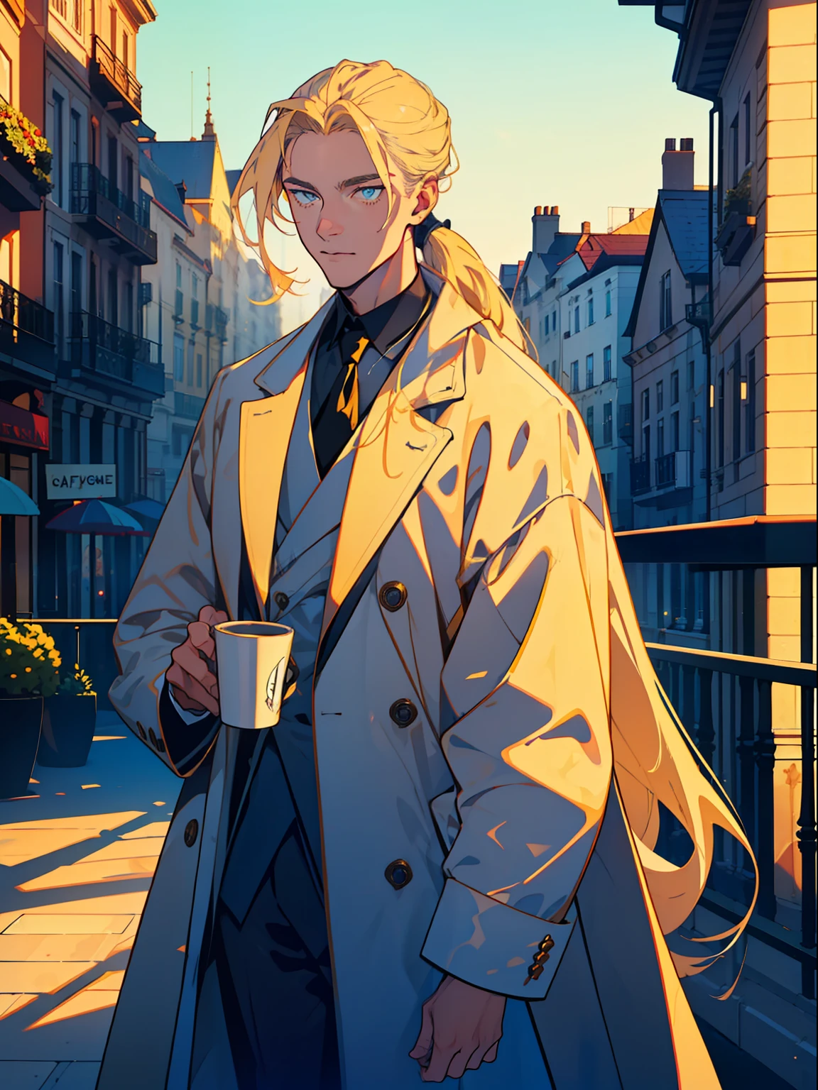 A handsome, Tall and elegant man，Young person，A blonde long-haired，Low ponytail，holding coffee，Wear a luxurious coat，Coffee on the balcony，the street，Handsome young man，blue color eyes
，Like a model