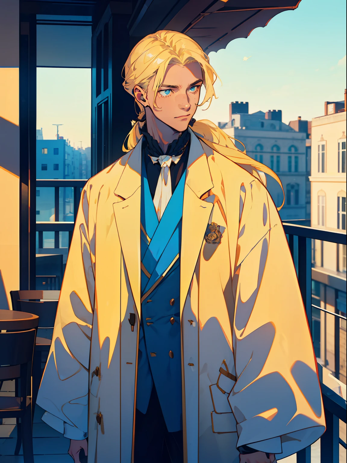 一个英俊, 高大优雅的男人，年轻人，一位金发长发，低马尾，拿着咖啡，穿上奢华的外套，阳台上的咖啡，街道，英俊的年轻人，蓝色的眼睛
，像模特一样