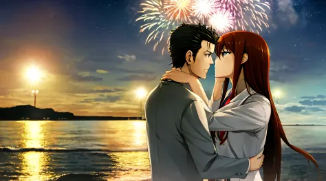 okabe rintarou，makise kurisu，sea beach background，night fireworks，the two kissed