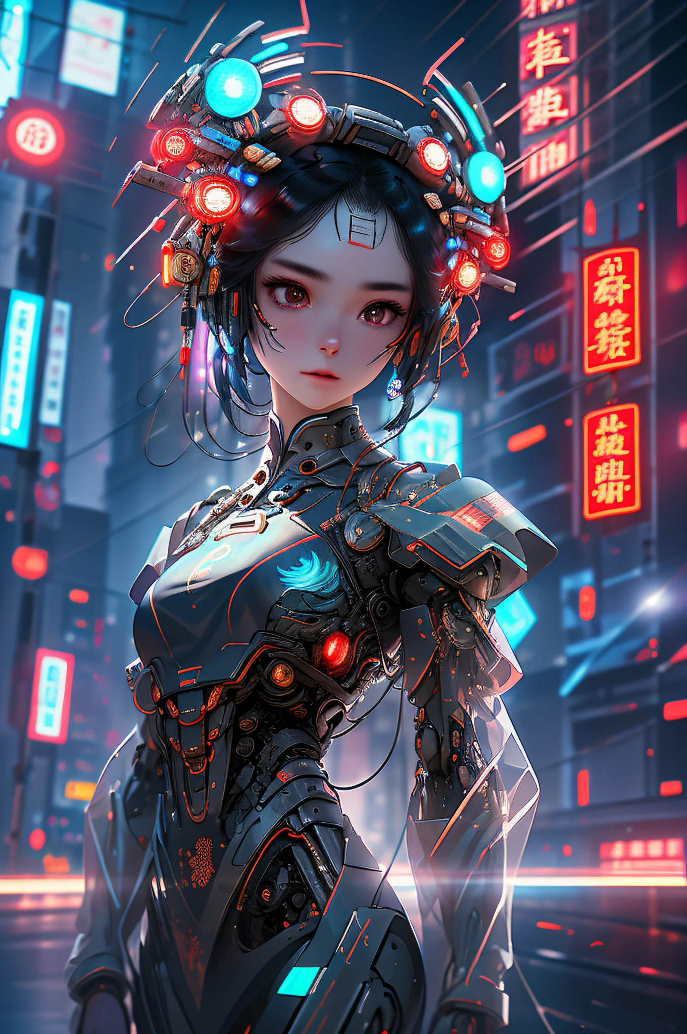 Ein altes chinesisches Mädchen, Ganzkörper, Klare Gesichtszüge, erstaunliche Gesichtszüge, alte chinesische Kleidung, Chinese cyberpunk, cyberpunk city headwear, Haar-Accessoires, Super komplexes Design, mechanisch, Technologie, atemberaubende Beleuchtung, c4d, OC-Rendering, Filmkantenlicht, feines Licht, Meisterwerk, super detail, Epische Komposition, Ultra HD, gute Qualität, 32k