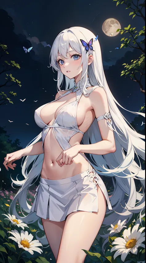 long  white hair，Very long hair，White skin of the，Sexy body curves，In the meadow，butterflys，Flying birds，fresh flowers，the night，themoon，above waist，Portrait photo，white  skirt