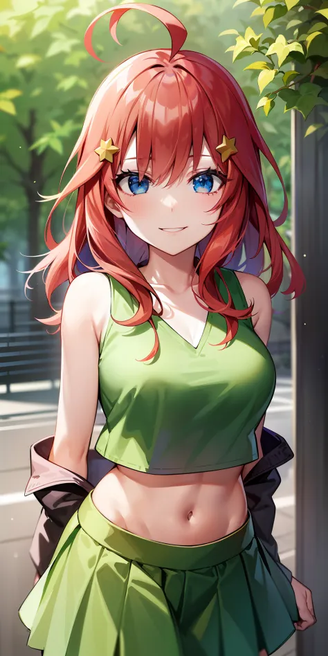 2d, masterpiece, best quality, anime, highly detailed, 1girl, solo, cowboy shot, nakano itsuki, red hair, long hair, star hair ornament, ahoge, crop top, green skirt, miniskirt, medium breasts, standing, school, outdoors, smile