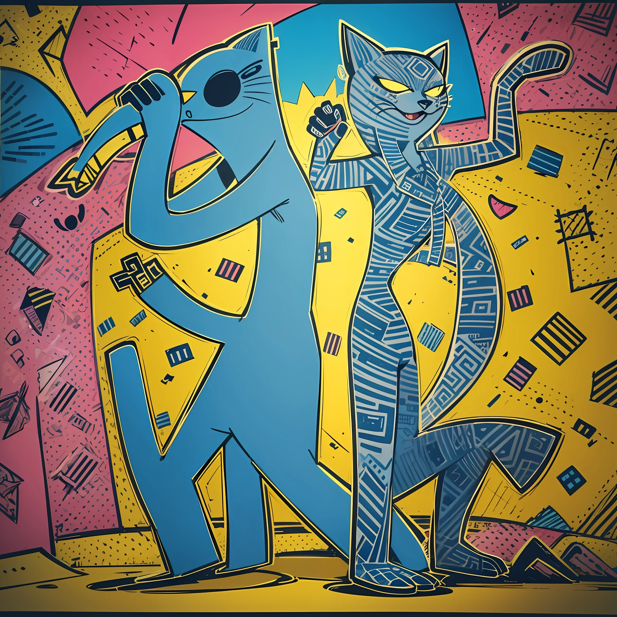 Illustration of a couple of cats dancing in a city - SeaArt AI