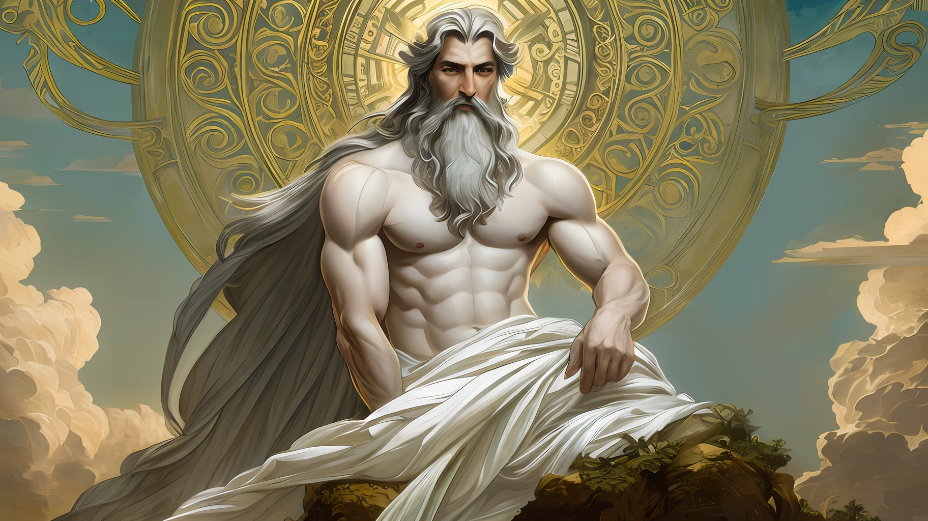 painted portrait of rugged zeus, god of thunder, greek god, on Mount Olympus, white hair, full body, mature, handsome, fantasy, intricate, elegant, highly detailed, digital painting, artstation, concept art, smooth, sharp focus, illustration, art by gaston bussiere and alphonse mucha