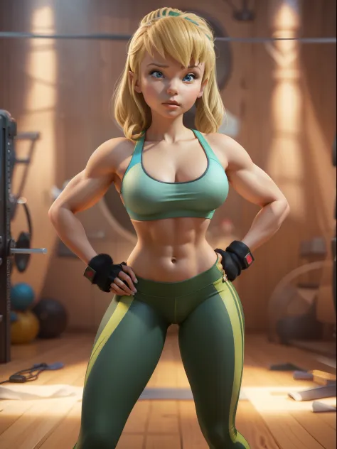 tinkerbell, 3d, realistic, high quality, full body, standing, detailed face, determined look, detailed eyes, big breasts, (muscular body), muscular abs, muscular legs, wearing thong, sport bra, in a gym, perfect shading, perfect lighting