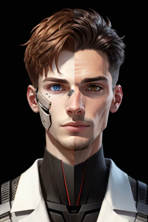 young  male，Half of the face is a human face，Half of the face is mechanical，Realiy