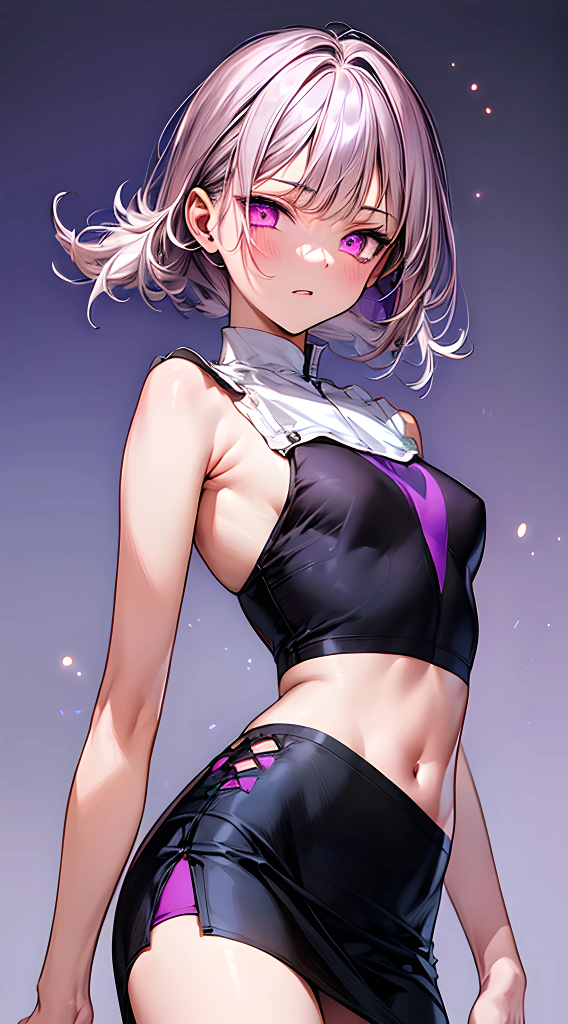 (masterpiece, best quality:1.5), (bluish violet theme:1.2), (thin line, particle:1.6), upper body, 8k, absurdres, tight outfit, face close up, thighs, delicate girl, violet crop top, sleeveless, violet skirt, cinch waist, from below, arch back, shiny skin, (standing, looking at viewer, youthful, teen, digital anime:0.8), (edge lighting, highest detailed, extreme detailed, ultra detailed, finely detail:0.8), [:detailed face and eyes:10], (redish pink eyes:1.2), simple background, (dull bluish violet background:1.5), (humid:1.6)