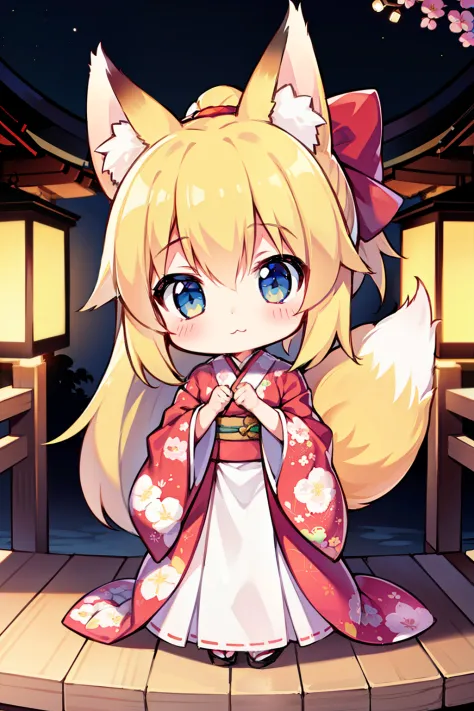 1 girl in、Blonde ponytail、Fox ears、Fox tail、Floral kimono、foxfire、kawaii、Chibi、Shrine with lanterns、shrine background、Chibi Char...