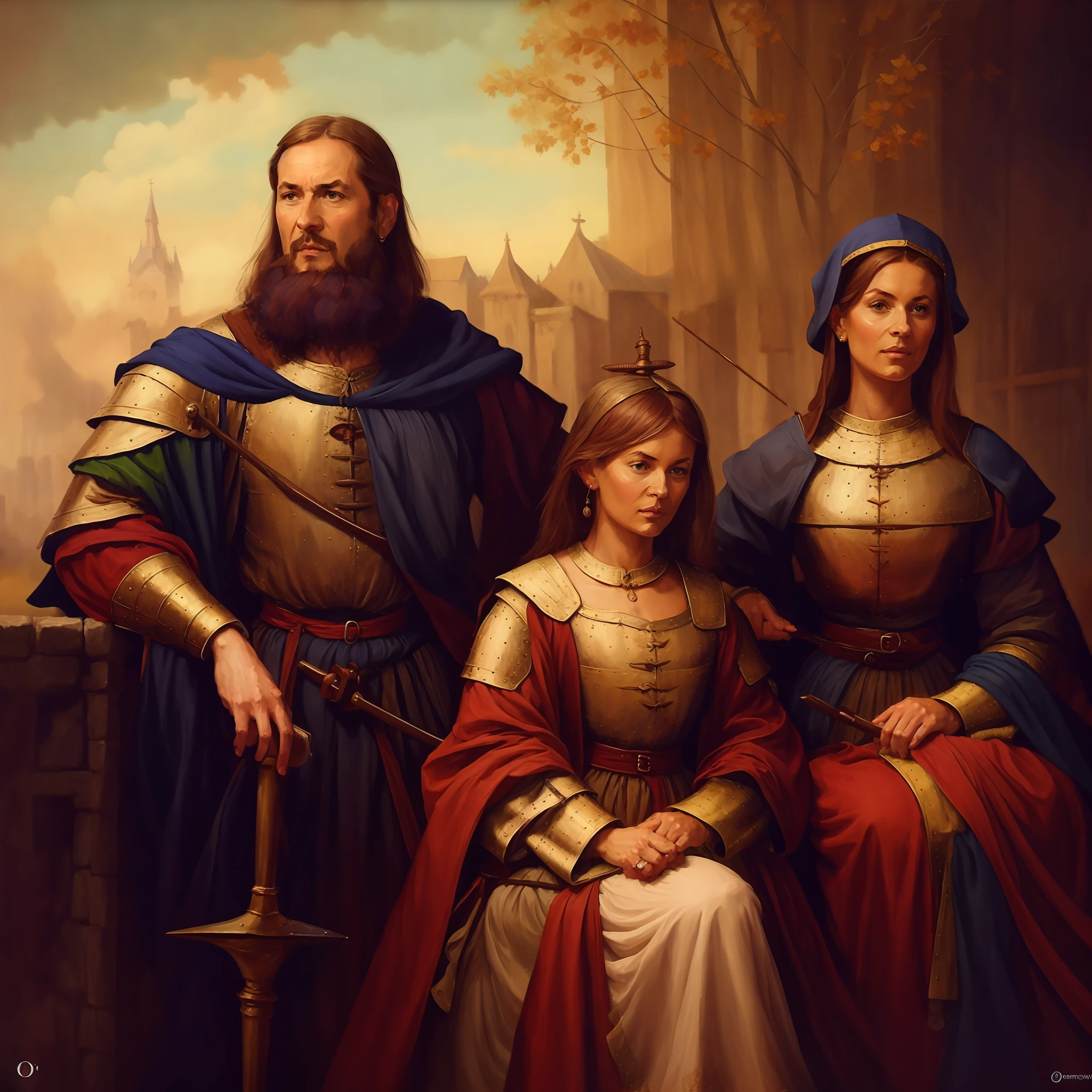 painting of a man and two women in medieval clothing sitting on a bench, renaissance digital painting, arte do jogo de medieval fantasy, baroque digital painting, arte de medieval fantasy, Directed by: Alexander Orlovsky, family portrait, Directed by: Eugene Zak, Directed by: Piotr Michalowski, medieval fantasy, Directed by: Tadeusz Pruszkówski