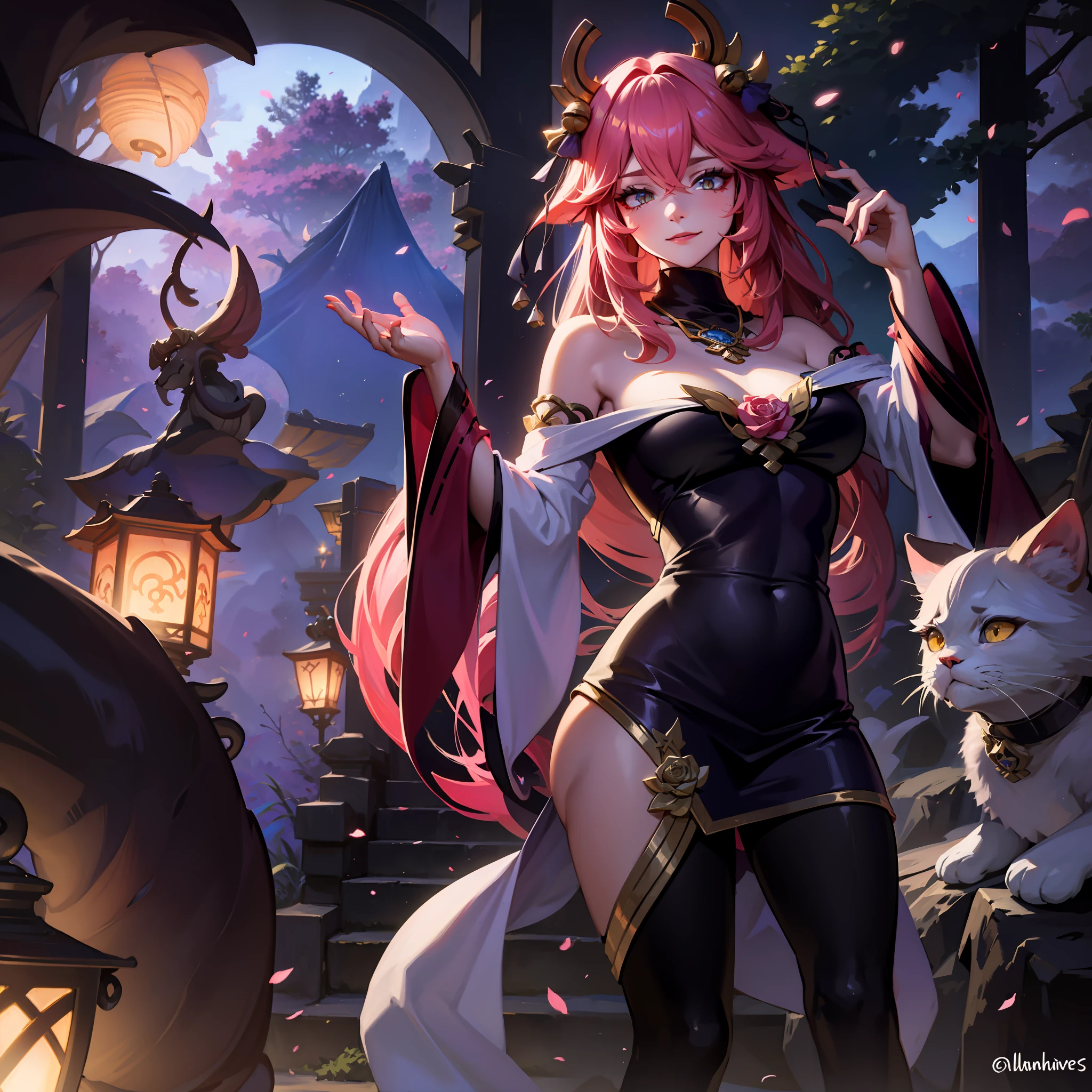 A female demon with cat ears, Elf ears and black demon horn, ((elf ears)), ((demon horn)), (Cat's ears)), Extremely long pink hair, ((pink hair)), White eyes of the demon, ((eye white)), long voluminous and beautiful wet black gala dress, forest with trees bushes plants lawn at night