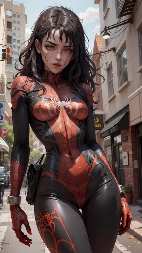 Beautiful woman detailed defined body using spider man cosplay, perky breasts, (((orange eyes))) (((black Ringed eyes))) Yoru(chainsaw man) ((face scar))