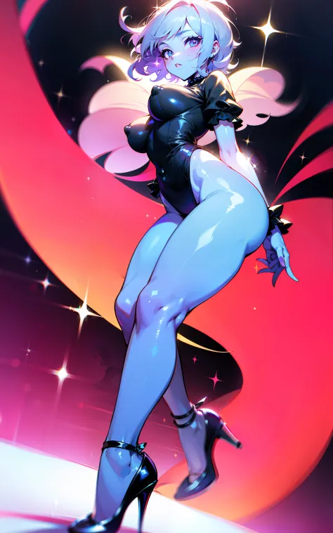 1girl, ((sparkly skin)), (Silver hair), ((open thighs)), in the body, NSFW, ((Black Lolita)), Neon, look to the audience, facing the viewer,((Short hair)), (curly hair),(( a closeup of a)),(highheels), large breasts,