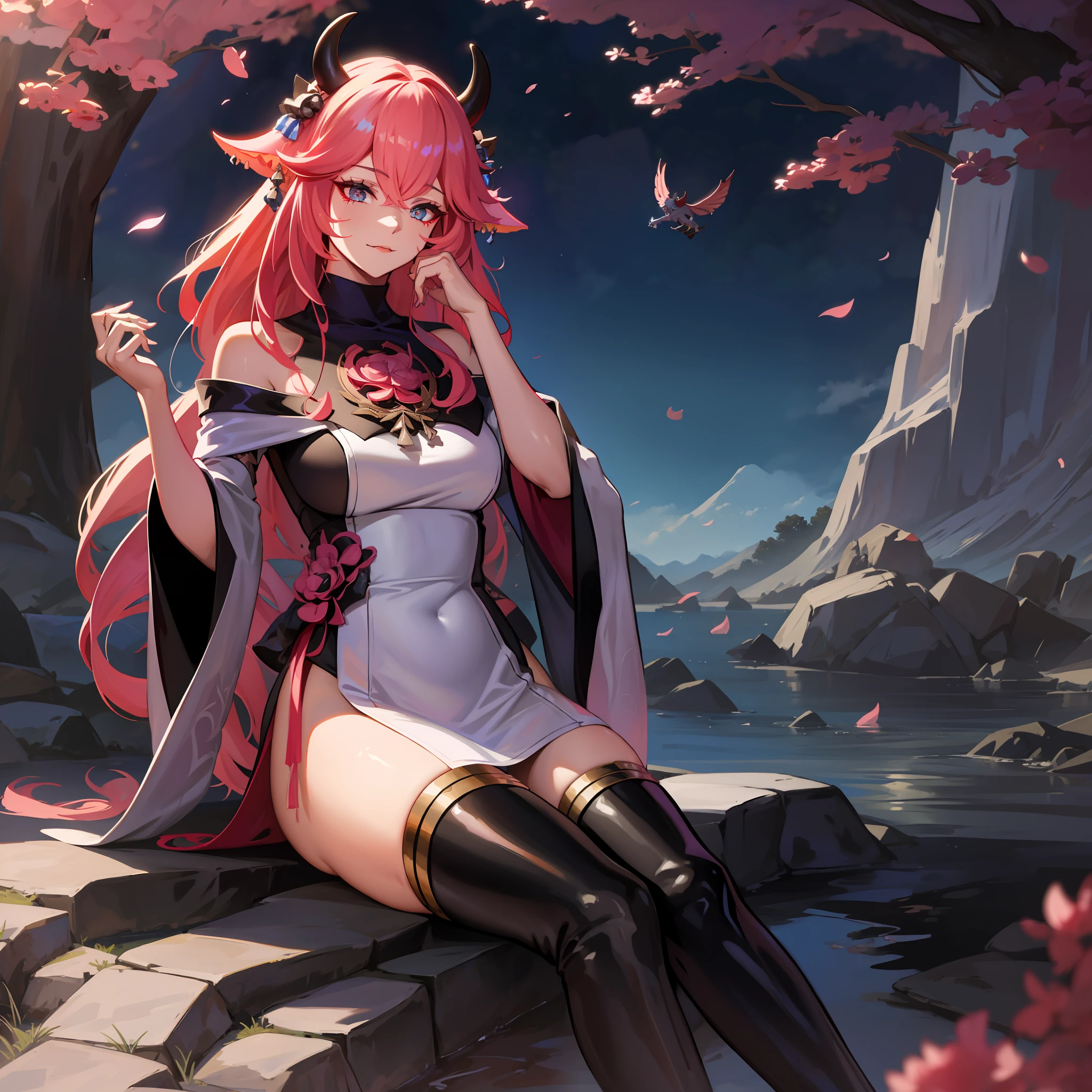 A female demon with cat ears, Elf ears and black demon horn, ((elf ears)), ((demon horn)), (Cat's ears)), Extremely long pink hair, ((pink hair)), White eyes of the demon, ((eye white)), long voluminous and beautiful wet black gala dress, forest with trees bushes plants lawn at night