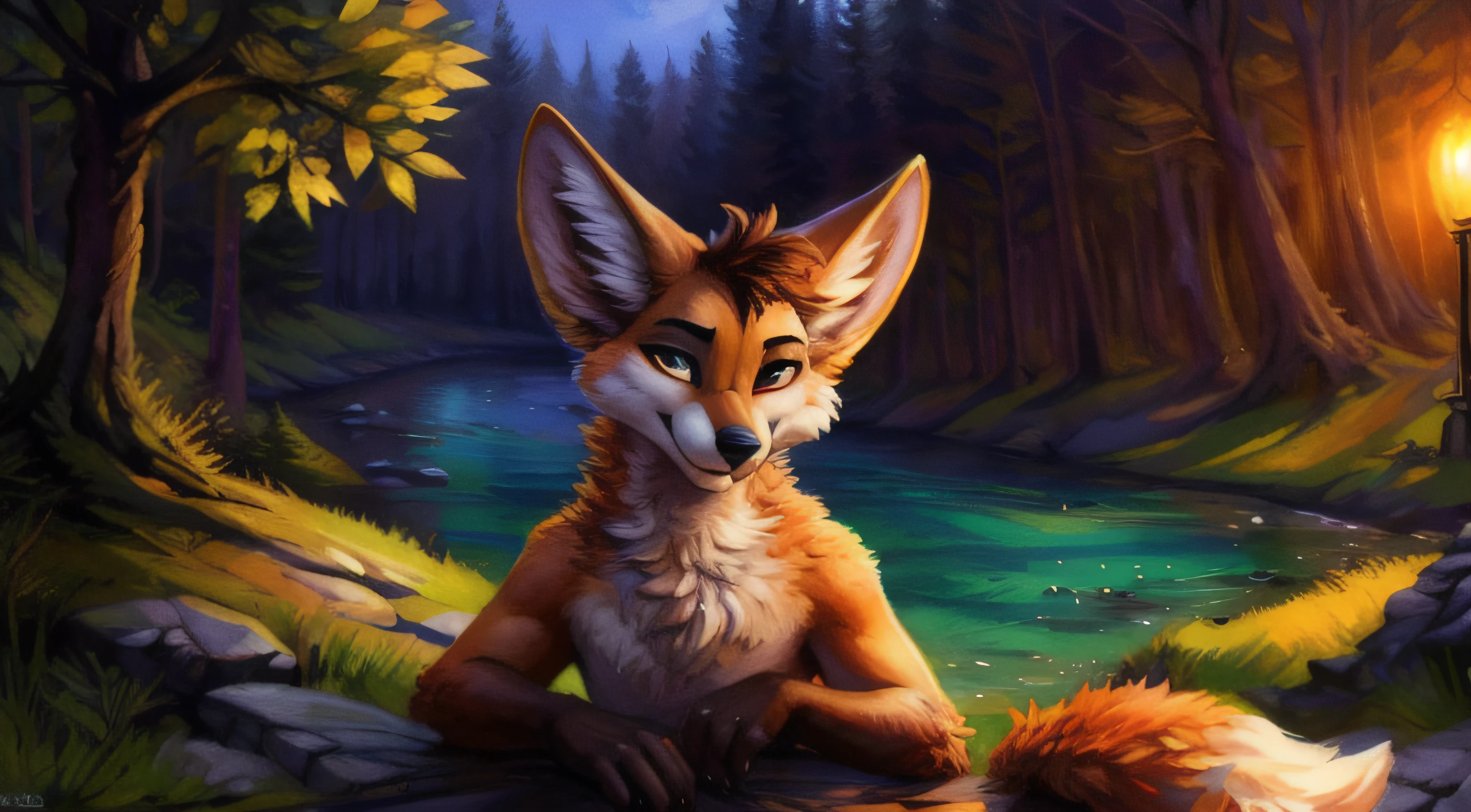 uploaded to e621, (by subtraction, by Ross Tran, by Ruan Jia, por Foxovh) An anthropomorphic fox from Fennec (((female))) of (cola, chest and neck) fluffed, granofs manos, of ojos color ambar, with light brown polka dots on shoulders and thighs, borof of las orejas es cafe, en su cola posee 2 lunares granofs color blanco con un anillo cafe alreofdor, Furson, Looking at the camera with a mischievous look, Open Invitation, mischievous look, (In the middle of a forest with a river in the background), (oftailed lighting), (cinematography lighting), [luz ambiental oftallada], Furson, ((sombra of medio cuerpo)), [ambient light on the belly], [realistic proportions], [explicit content], [sharp focus], (questionable content), (shading), ((Masterpiece))