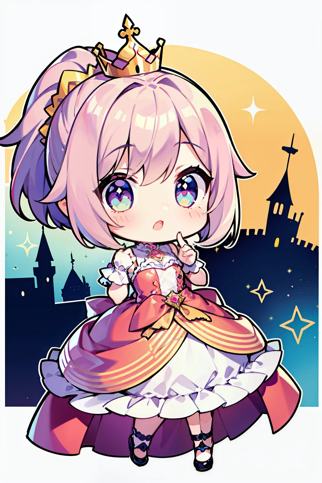 1 girl in、Pink ponytail、frilld、doress、princess dress、kawaii、Castle background、Chibi、Chibi Chara、(Masterpiece Highest Quality 1.2), [[Fused fingers]]