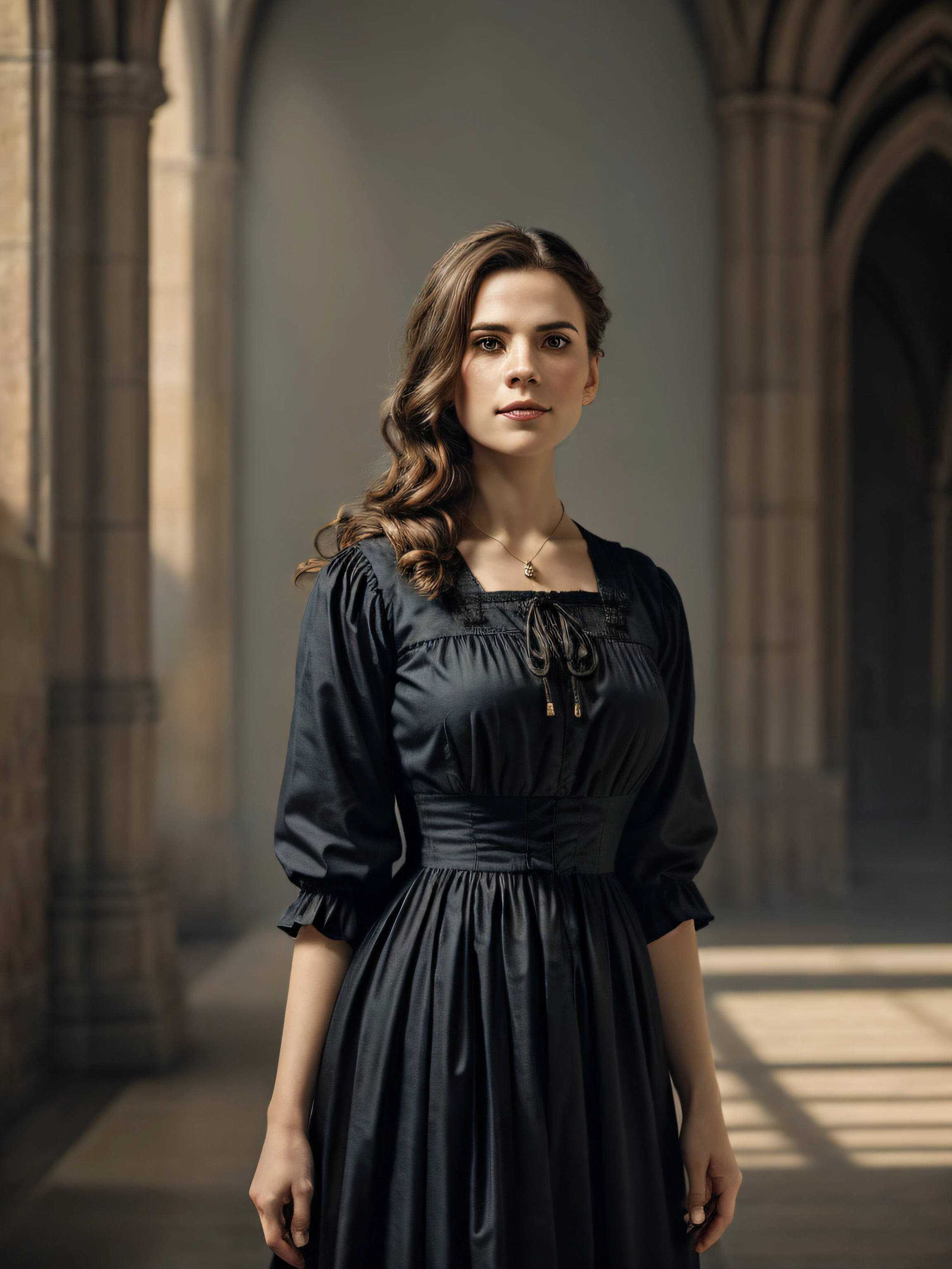 (Thirty year old) woman, standing, wearing a (Victorian peasant dress:1.2), long legs, dreamy photo, looking straight at camera, slight smile, full lips, beautiful gothic building, cloisters, Victorian gothic, gothic architecture, misty, andre kohn, Canon, (Detailed features::1.2), real life. Hayley Atwell, intricate, 8k, highly detailed, (extremely detailed CG unity 8k wallpaper), ((square jaw)), (well defined jaw), (downturned lips), (detailed anatomy), Hyperrealistic full shot body image, trending on CGSociety, Intricate, High Detail, Sharp focus, dramatic, volumetric lighting, digital painting, intense, modelshoot style, (extremely detailed CG unity 8k wallpaper), full shot body photo of the most beautiful artwork in the world, pearl skin, professional majestic oil painting by Ed Blinkey, Atey Ghailan, Studio Ghibli, by Jeremy Mann, Greg Manchess, Antonio Moro, trending on ArtStation, photorealistic painting art by midjourney and greg Rutkowski