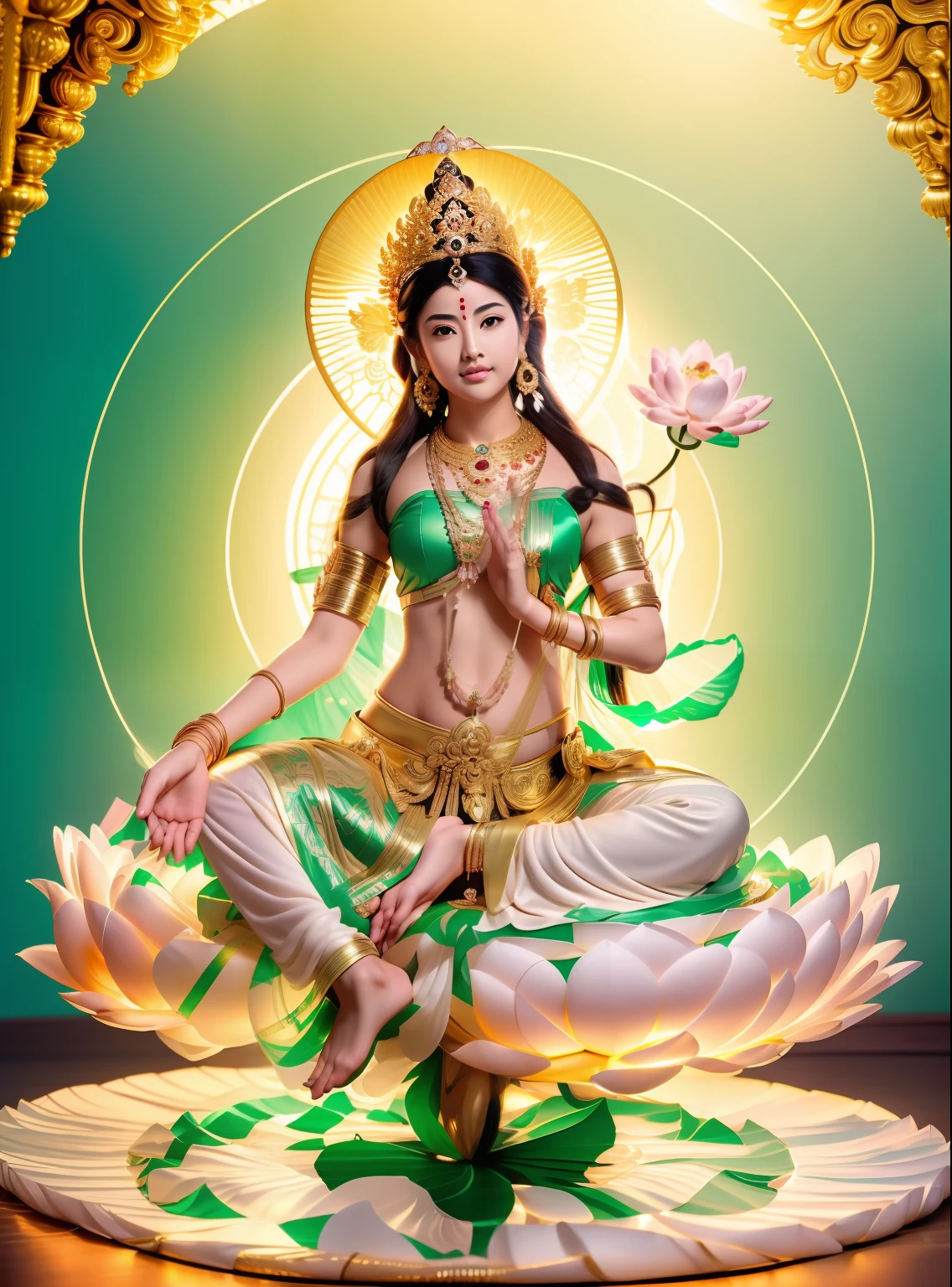 Beautiful green Tara skin is green，sitting on a lotus flower，Cross one leg， (((Body skin is green)))，Delicate，Bright big eyes look at the audience，Long time brilliant，hand seal，Hold the flower in your right hand，Lift it，The left hand is a mudra，Palms facing outward，Complete foot structure，Barefoot，The sky behind the head has a circular circle of light，Light，The bodhisattva sits，（primitive：1.2），（realisticlying：1.4），（Sharpness：1.2），16 yaers old，(((body high：1.5))),（（Gemstones refract dazzling light）），（（middlebreast：1）），（abs：0.7），（glute：1.2），(healthy-looking skin， Thin skin， seductiveexpression， double eyelid，Jelly textured lips， Glowing lips，Small upturned lips，Shiny skin，(((Flawless skin texture)))，Real pores，ctextured skin，choker necklace，Wear a lot of Yingluo，（Wear gemstones，pearls，hisui，amber，），（（Gorgeous and exquisite crown，gemstone setting）），（Dynamic hair，long whitr hair，Beaded hairpins，Nobile，Delicate skin texture），Glossy glossy skin，Glowing skin，Radiant hair，The head is illuminated with an aperture，The body shines， High quality detailing， Cinematic lighting，,absurderes, unbelievable Ridiculous, hugefilesize, ultra - detailed, A high resolution, The is very detailed，best qualtiy，tmasterpiece，illustratio，The is very detailed，CG，unified，8k wallpaper，Amazing Cleavage，finely detailled，tmasterpiece，(((dynamicposes)))，((Correct anatomy)),(((Correct dissection))，indian goddess of wealth，