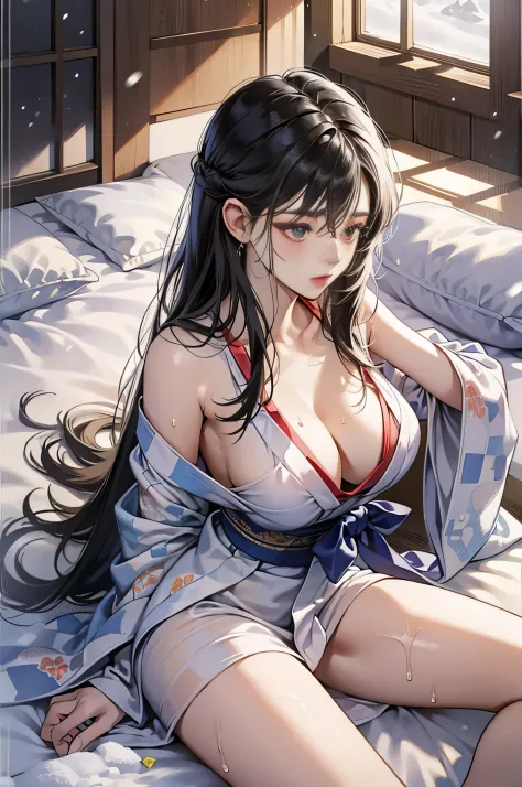 Attractive long black hair、Beautiful woman at 32 years old、Double eyelids、tthin eyebrows、Sleeping in a snow-white bed、No Underwear、Open your legs wide、Look at the inside of the thigh、You can see the whole body、Yukata gets wet with sweat and sticks to the s...