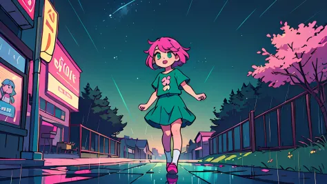 Cartoon Girl，Stand up，Emerald green eyes，Blue-pink hair，Ordinary street，Rainy days，Cute，floated hair，Short stature，Petite and at...