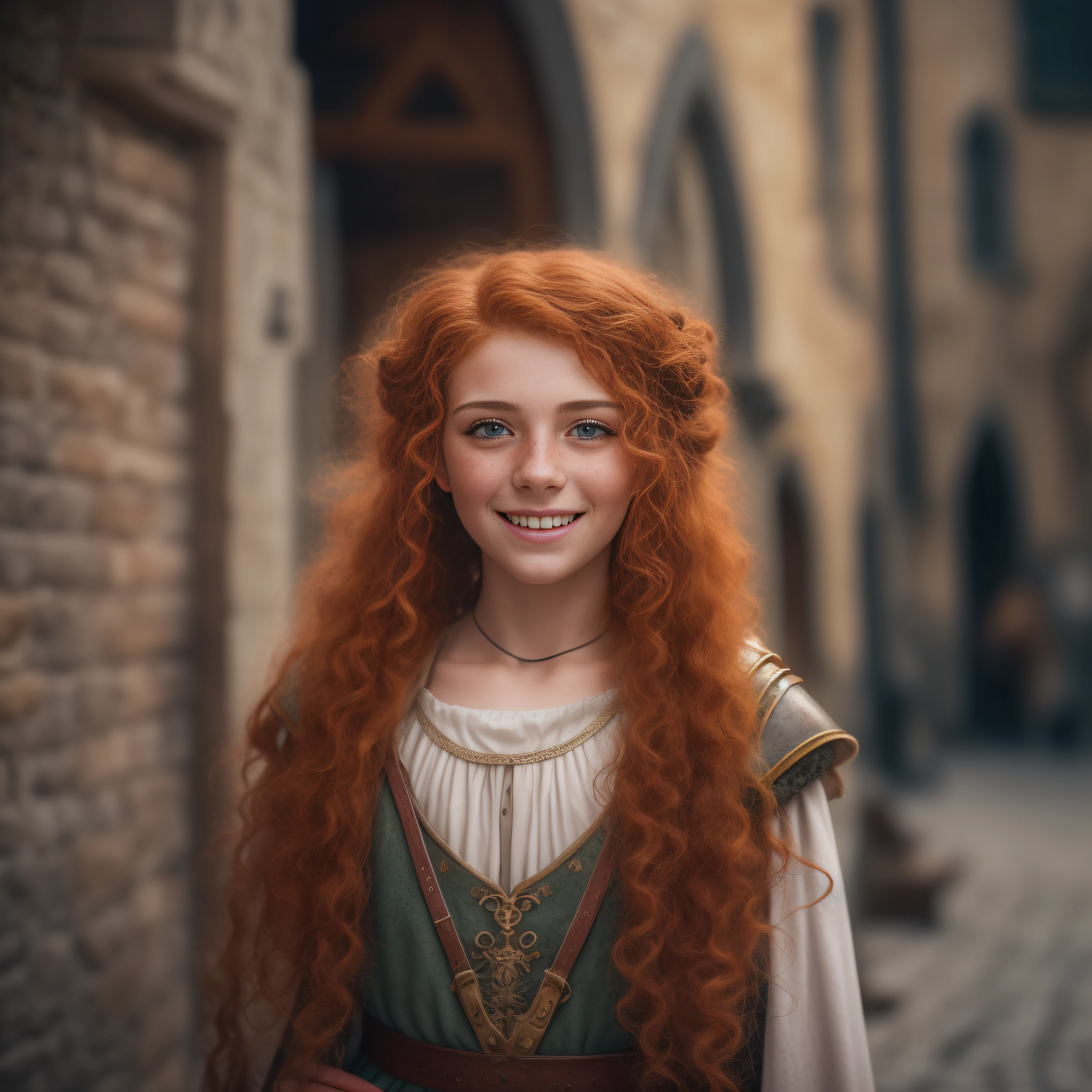 cinematic, photo, head and shoulder portrait photo, 1girl, solo, 13 years old medieval fantasy girl servant, ugly, curly fuzzy long voluminous red hair, freckles, medieval fantasy servant clothes, friendly smile, in a big medieval city, Canon EOS 5D Mark IV, historical, fantasy, hyper detailed, accurate textures, realistic, skin pores