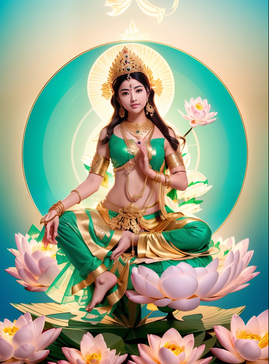Beautiful green Tara skin is green，sitting on a lotus flower，Cross one leg， (((Body skin is green)))，Delicate，Bright big eyes look at the audience，Long time brilliant，hand seal，Hold the flower in your right hand，Lift it，The left hand is a mudra，Palms facing outward，Complete foot structure，Barefoot，The sky behind the head has a circular circle of light，Light，The bodhisattva sits，（primitive：1.2），（realisticlying：1.4），（Sharpness：1.2），16 yaers old，(((body high：1.5))),（（Gemstones refract dazzling light）），（（middlebreast：1）），（abs：0.7），（glute：1.2），(healthy-looking skin， Thin skin， seductiveexpression， double eyelid，Jelly textured lips， Glowing lips，Small upturned lips，Shiny skin，(((Flawless skin texture)))，Real pores，ctextured skin，choker necklace，Wear a lot of Yingluo，（Wear gemstones，pearls，hisui，amber，），（（Gorgeous and exquisite crown，gemstone setting）），（Dynamic hair，long whitr hair，Beaded hairpins，Nobile，Delicate skin texture），Glossy glossy skin，Glowing skin，Radiant hair，The head is illuminated with an aperture，The body shines， High quality detailing， Cinematic lighting，,absurderes, unbelievable Ridiculous, hugefilesize, ultra - detailed, A high resolution, The is very detailed，best qualtiy，tmasterpiece，illustratio，The is very detailed，CG，unified，8k wallpaper，Amazing Cleavage，finely detailled，tmasterpiece，(((dynamicposes)))，((Correct anatomy)),(((Correct dissection))，indian goddess of wealth，