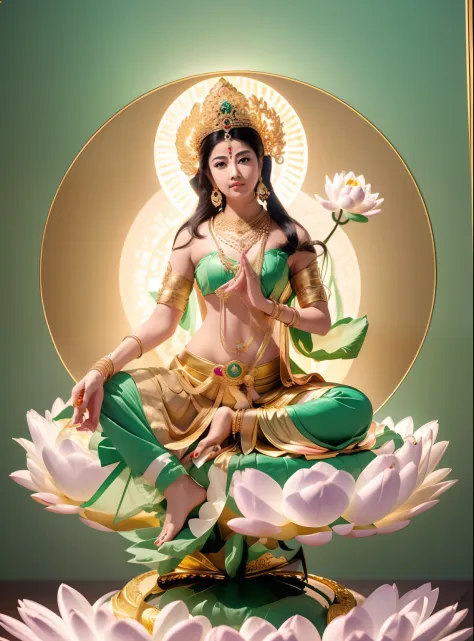 Beautiful green Tara skin is green，sitting on a lotus flower，Cross one leg， (((Body skin is green)))，Delicate，Bright big eyes lo...