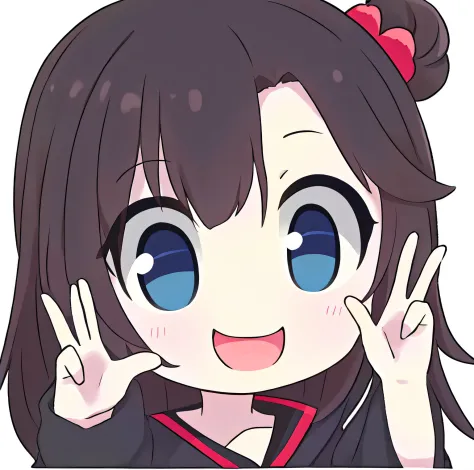 Close-up of a kawaii anime girl raising her hand，Lovely face，smile shy，black hair girl。