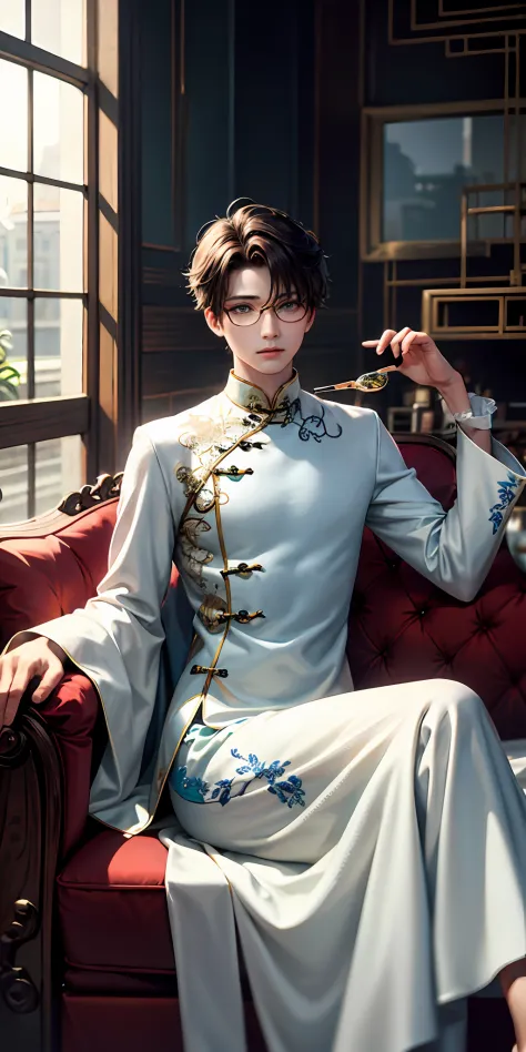 filigree，realisticlying，1boy，brunette color hair，The left eye is golden，The right eye is blue，Round rimless glasses，Thin，White skin，Wear a Chinese embroidered cheongsam，Wear a long coat，Recline on the sofa，screen，Wooden windows，butterflys，mistic，absurderes