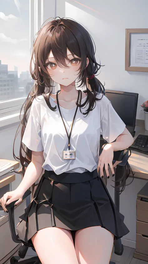 hu tao， 1girll， 独奏， （（white  shirt））， black thighhigns，， 校服， office backdrop， a black skirt， pleatedskirt， office room， hair bet...