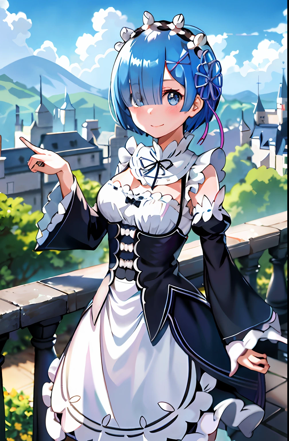 "blue hair, Rem (Re:Zero), [smiling], blushing, castle scenery, masterpiece, best image quality, optimal lighting, a single girl wearing a skirt, with medium-sized breasts, shy expression