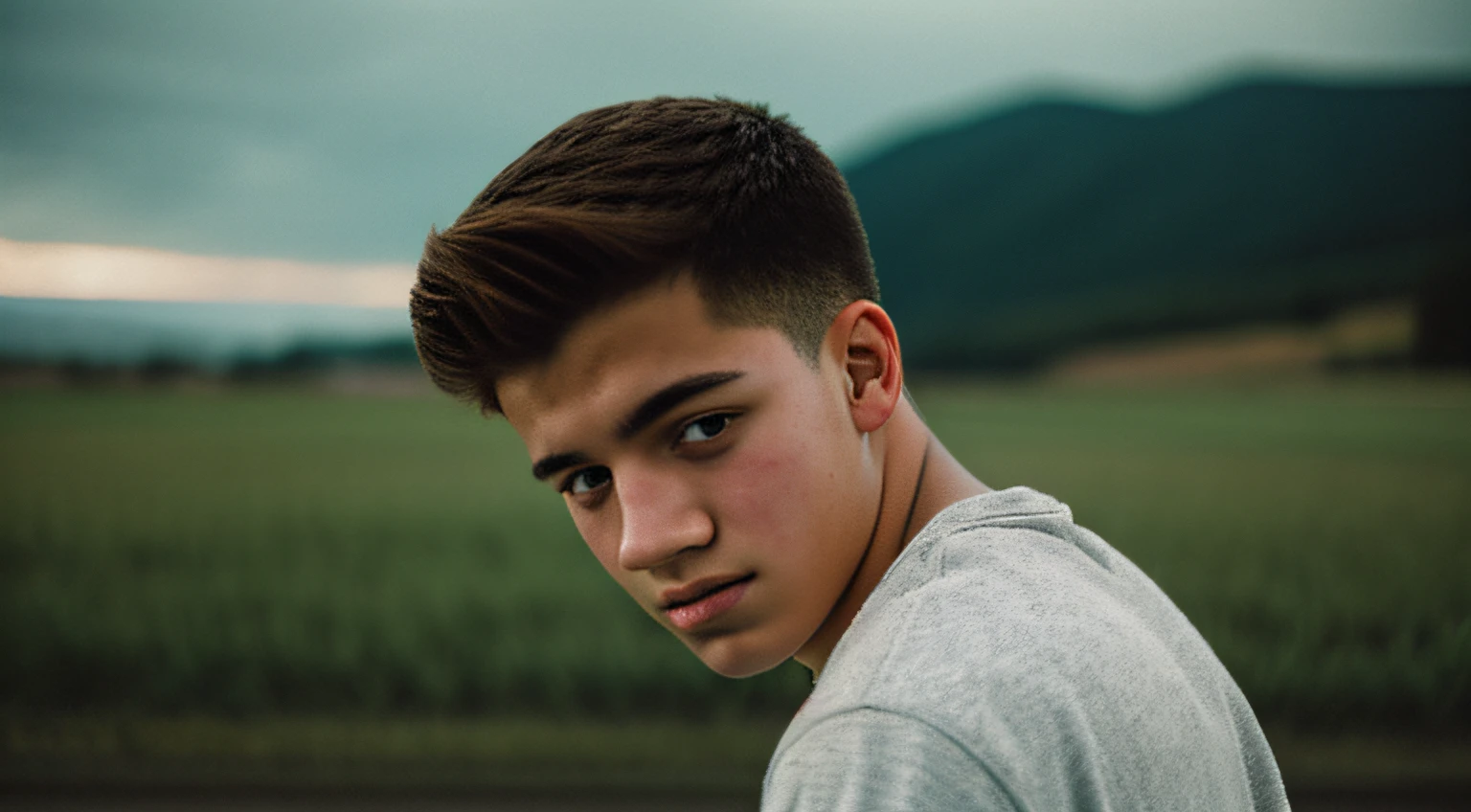 film photography portrait of a teenage guy, hyperrealistic, overcast lighting, shot on kodak portra 200, film grain, nostalgic mood