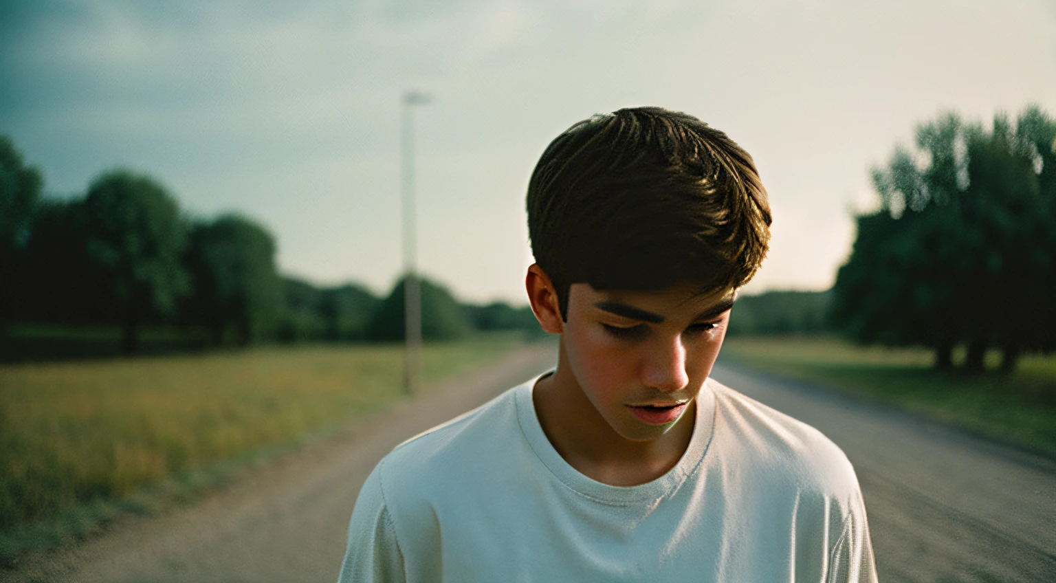 film photography portrait of a teenage guy, hyperrealistic, overcast lighting, shot on kodak portra 200, film grain, nostalgic mood