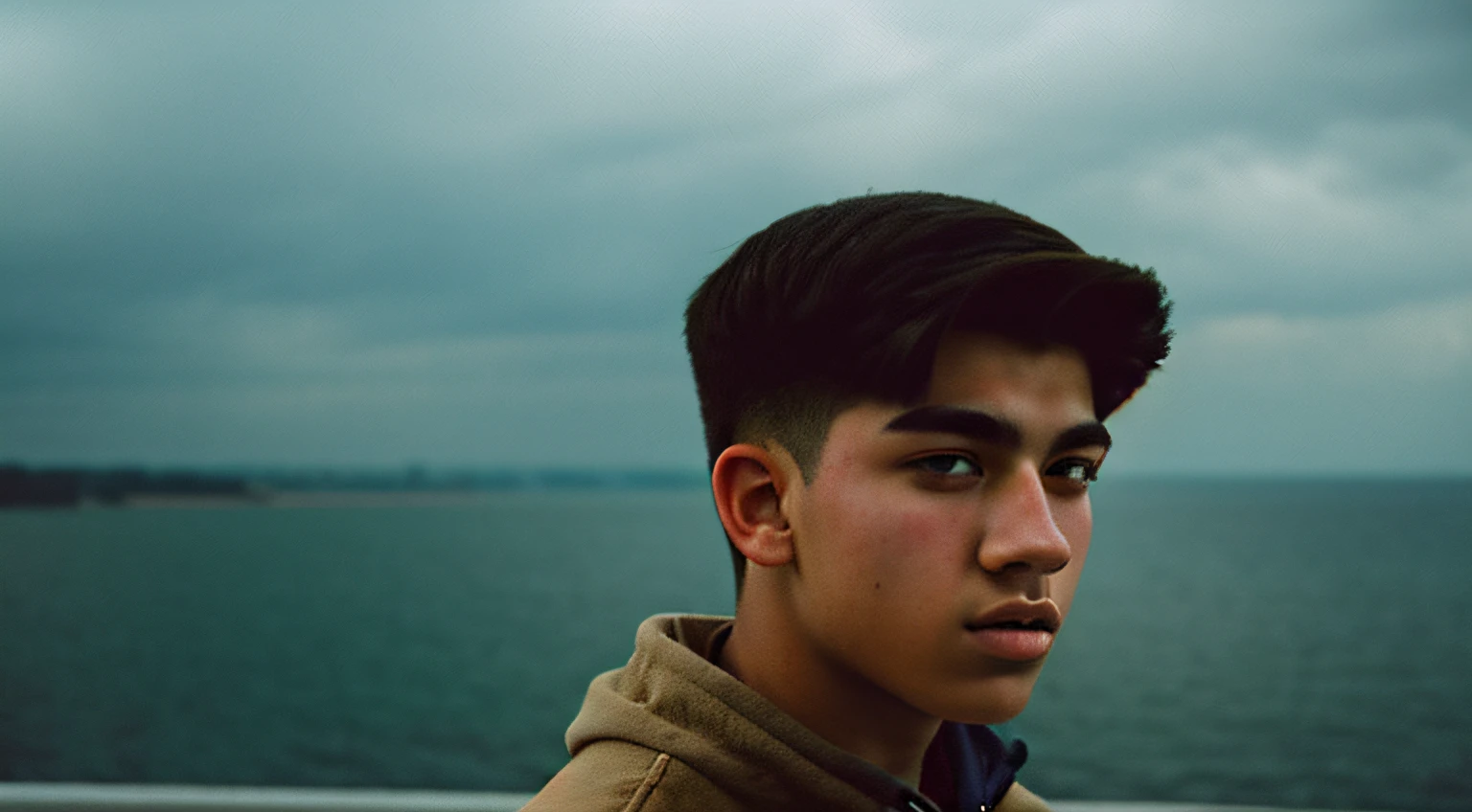 film photography portrait of a teenage guy, hyperrealistic, overcast lighting, shot on kodak portra 200, film grain, nostalgic mood