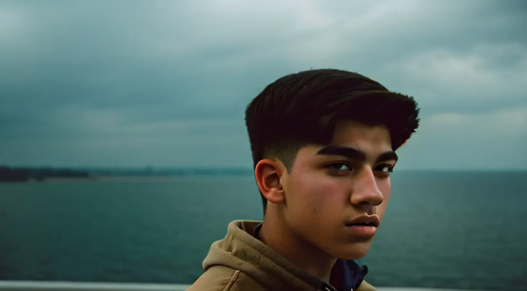 film photography portrait of a teenage guy, hyperrealistic, overcast lighting, shot on kodak portra 200, film grain, nostalgic m...