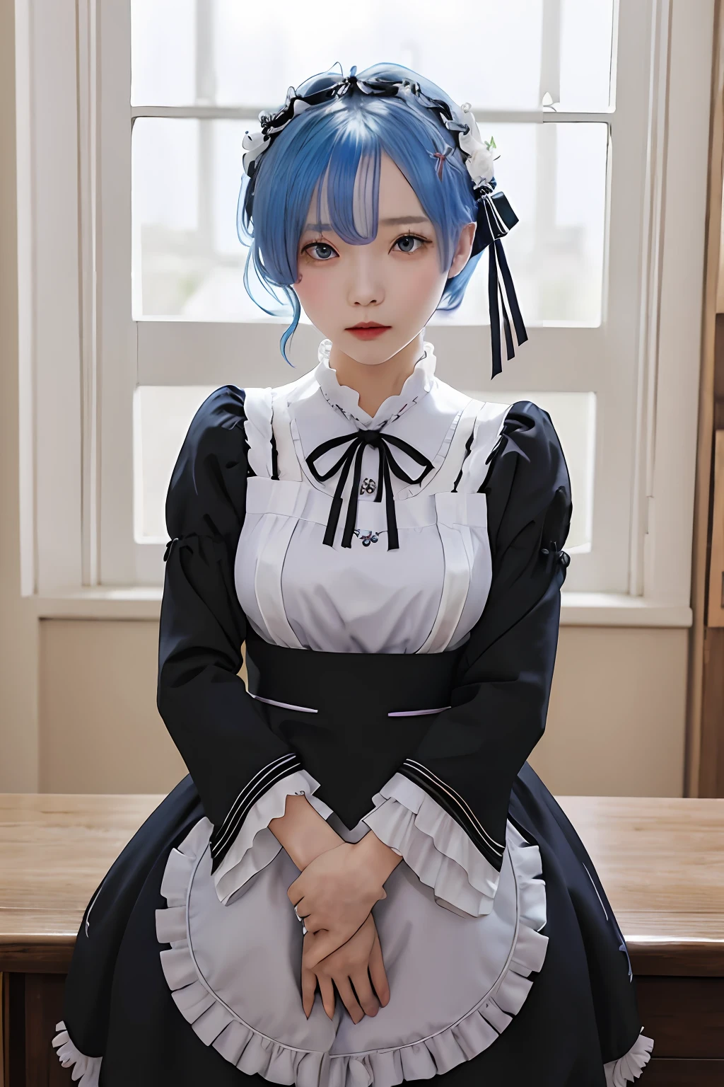 ​masterpiece, top-quality, Hi-Res, REM 1, 1girl in, solo, Remu\(Re:Staynight\), blue hairs, white thighhig, shorth hair, red eyes, Hair above one eye, Ribbon trim, Hair Ribbon, x hair ornament, frilld, Maid headdress, Waist apron, garter strap, a black ribbon, small , long-sleeve, White Apron, Ribbon around the neck, Purple Ribbon, Wide sleeves, flower in hair,