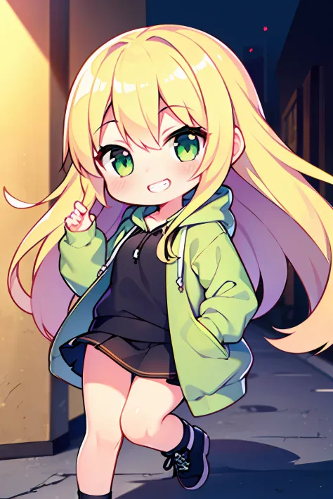 1 girl in、Blonde long hair、Green eyes、Green hoodie、hands in the pocket、Grinning smile、Transcendent Beautiful Girl、a black skirt、...