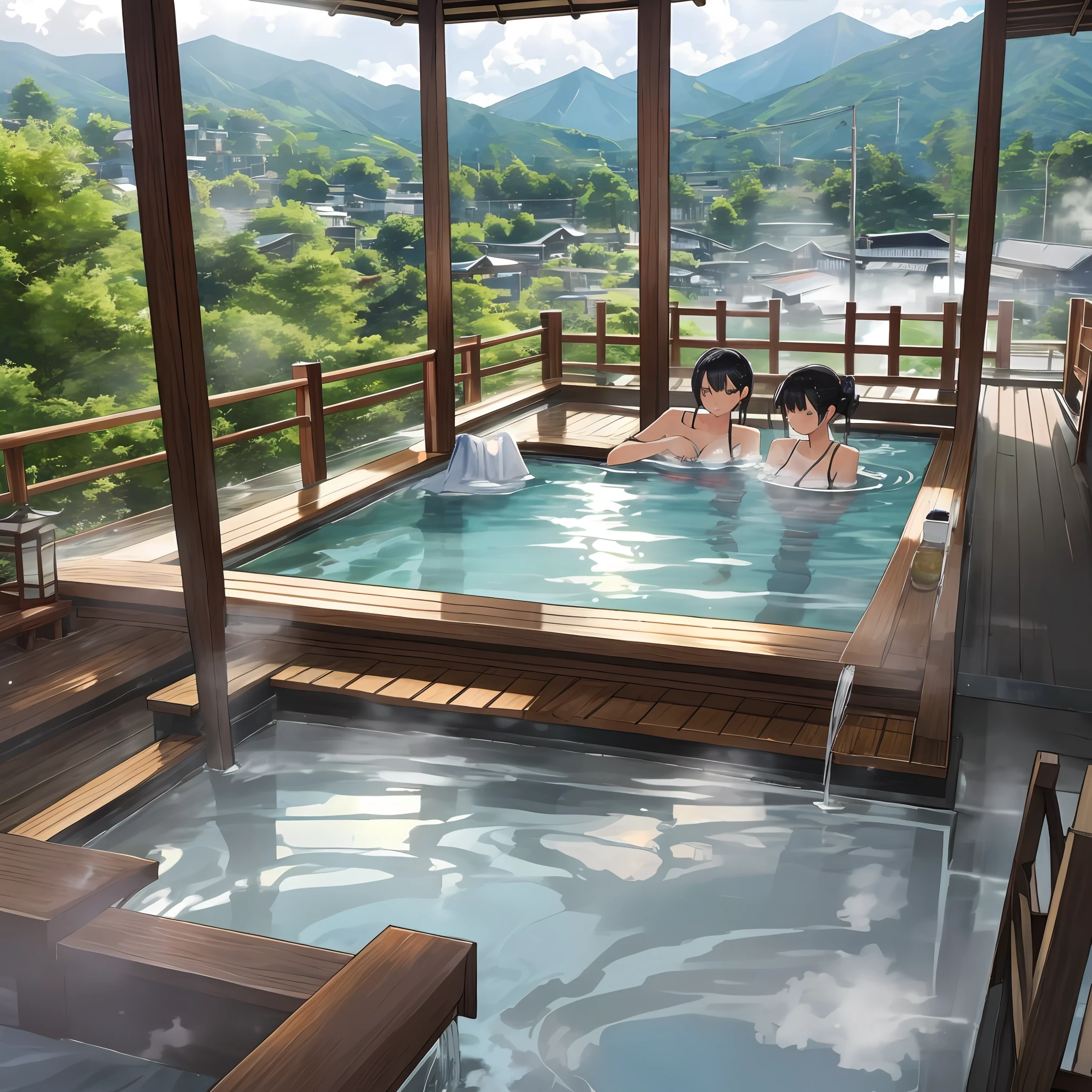 Anime scene of a woman and a man in a hot tub - SeaArt AI