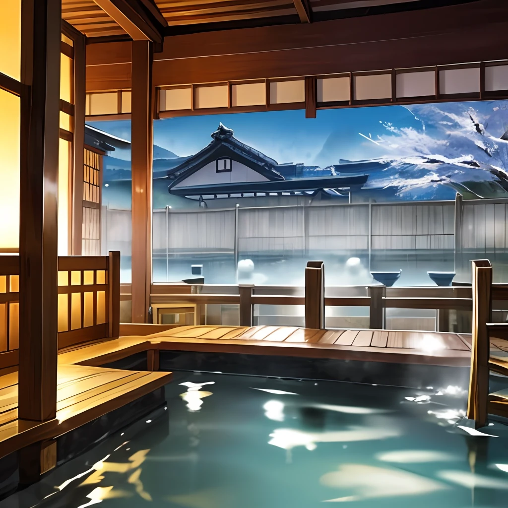 Large open-air bath,There is a washing area..,hot onsen,Large public bath at a hot spring ryokan,steam,There are 3 chairs for the public bath.,natta,Angle from the side