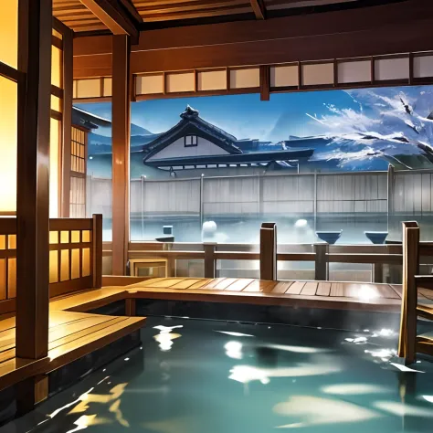 large open-air bath,there is a washing area..,hot onsen,large public bath at a hot spring ryokan,steam,there are 3 chairs for th...