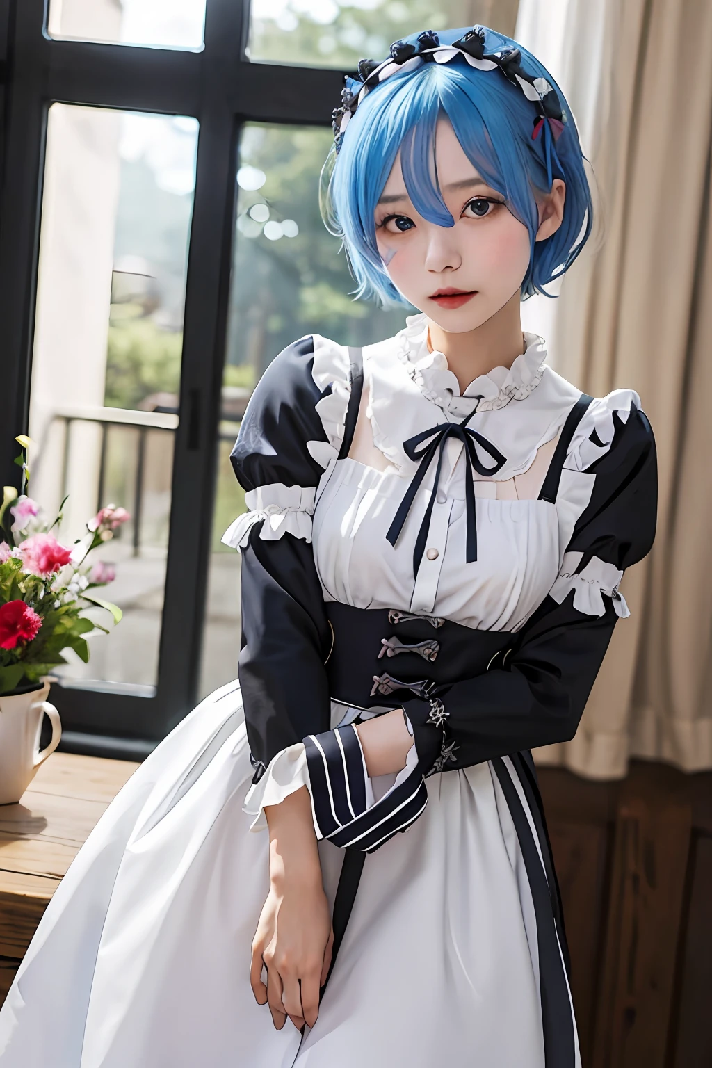 ​masterpiece, top-quality, Hi-Res, REM 1, 1girl in, solo, Remu\(Re:Staynight\), blue hairs, white thighhig, shorth hair, red eyes, Hair above one eye, Ribbon trim, Hair Ribbon, x hair ornament, frilld, Maid headdress, Waist apron, garter strap, a black ribbon, small , long-sleeve, White Apron, Ribbon around the neck, Purple Ribbon, Wide sleeves, flower in hair,