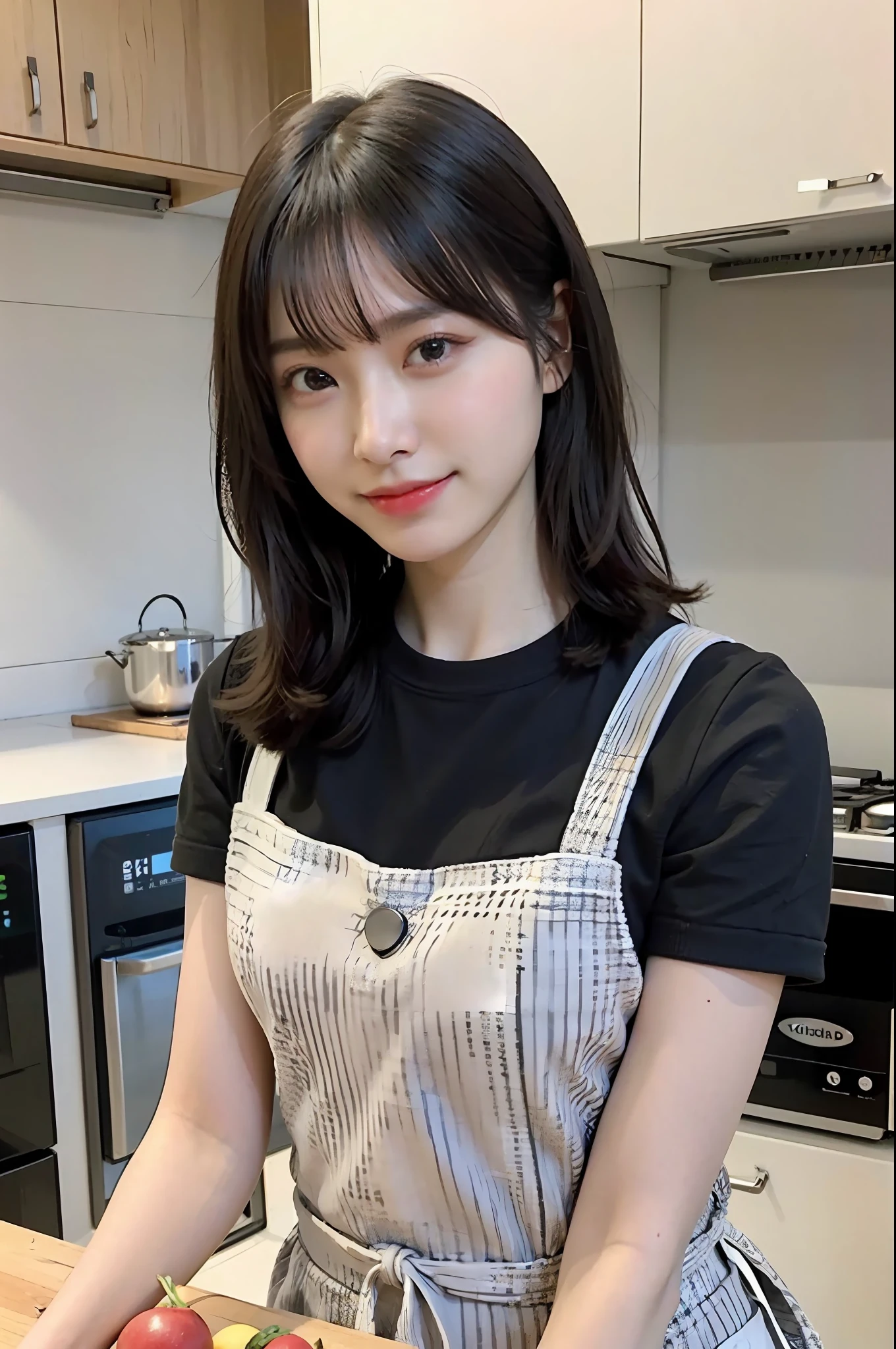 a woman is cooking、(kitchin_Apron:1.Wear 3)、Good Hand、4K、hight resolution、​masterpiece、top-quality、Cap:1.3、((Hasselblad photo))、Fine skin、foco nítido、(lighting like a movie)、Soft lighting、dynamic ungle、[:(详细的脸:1.2):0.2]、Medium chest、sweats streamed skin:1.2、(((In the kitchen))) A smile　Viewer's Perspective　Colossal tits　Beautiful body　Her hair is neatly tied