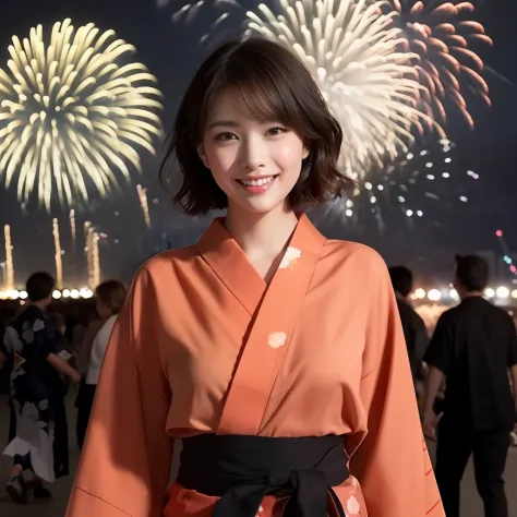 (strolling through the cityscape of the fireworks display:1.2), Food Food, (Red Colorful Yukata:1.3), Kemono Ears, Middle Chest, Smile, Blushing,(Perfect Body:1.1)、(Short Wavy Hair:1.2)Full Body Shot,(Very Elaborate CG 8K Wallpaper),(Very Delicate and Beau...