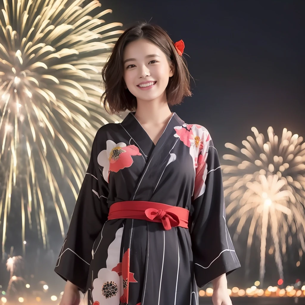 (strolling through the cityscape of the fireworks display:1.2), Food Food, (Red Colorful Yukata:1.3), Kemono Ears, Middle Chest, Smile, Blushing,(Perfect Body:1.1)、(Short Wavy Hair:1.2)Full Body Shot,(Very Elaborate CG 8K Wallpaper),(Very Delicate and Beautiful)(Masterpiece)(Best Quality):1.0),(Ultra High Definition:1.0),[High Definition],Detailed Skins, ultra detailed ((colorful)),