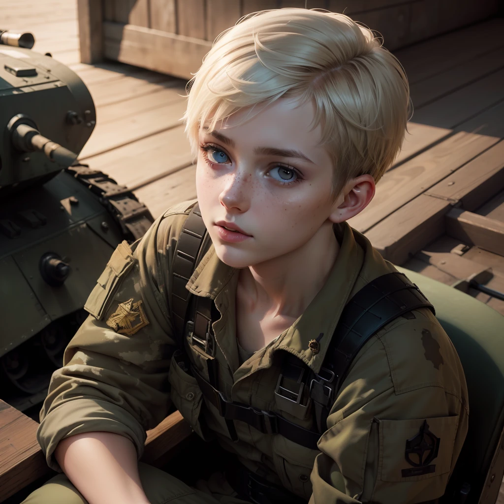 Highest quality, (dramatic lighting:0.7), masterpiece, high angle shot, RAW photo of (pale 21 year old woman with short hair, looking up at the viewer), cute, (wearing Tattered combat fatigues, Disheveled), (sitting inside a tank), portrait, perfect face, alluring eyes, vivid detail, (highly detailed skin), freckles, sfw, (blue tint:0.6), (dirty:0.8), (bloody:0.7), key lighting, (backlighting:0.5), medium depth of field, photographed on a Canon 5D, 50mm lens, F/4 aperture, (hyperdetailed, intricate details), sharp focus, muted colors, 8k, absurdres, 8mm film grain, war photography
