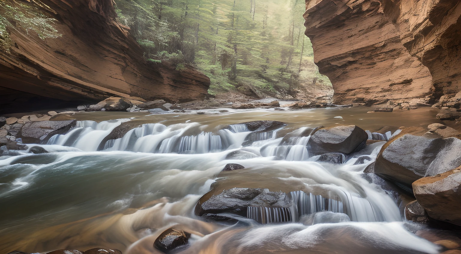 Whitewater stream in a deep canyon, realistic photography, 8K, UHD