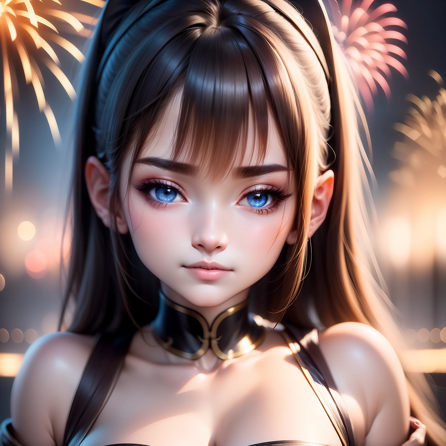 Close-up avatar。sideface，largeeyes，long eyelasher，Close-up portrait of a girl，style of anime，8K,8K high quality detailed art, Beautiful 2D portrait,firework background，Extremely quality，tmasterpiece，Need，Overlooking Chang'an, Never sleep，Fireworks headdress