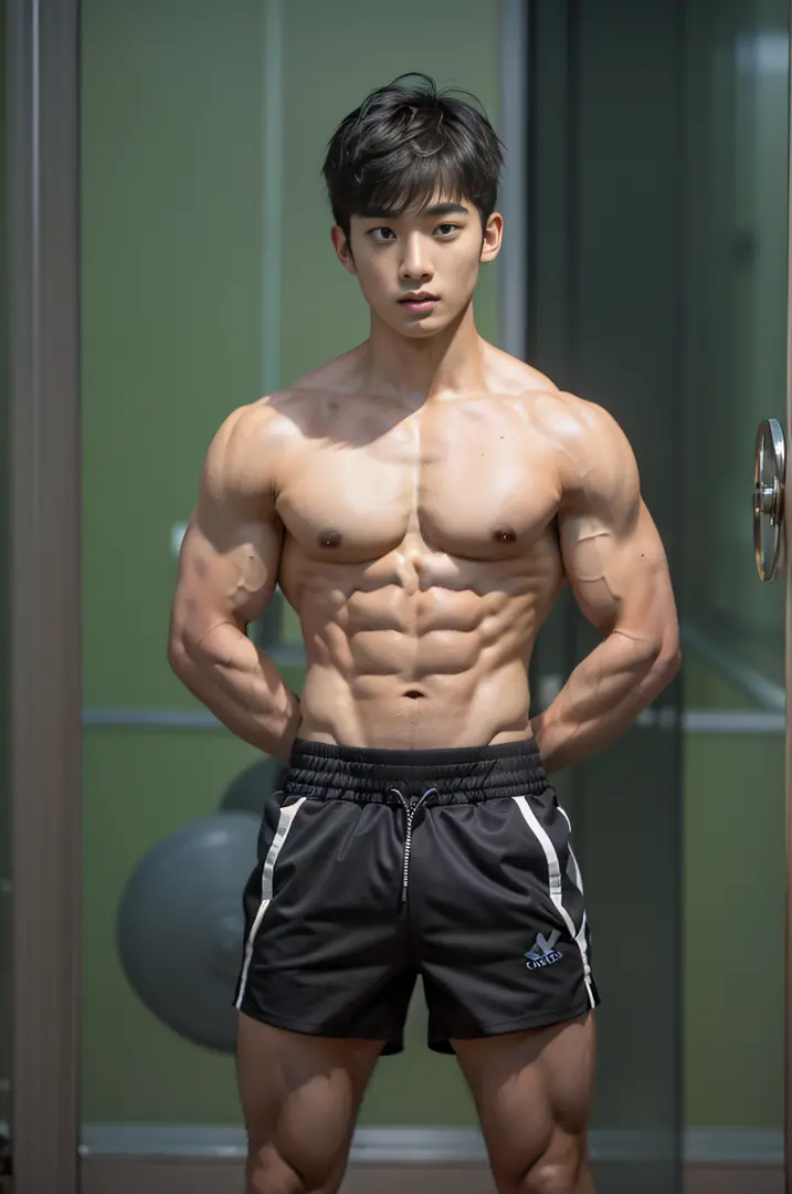 Best quality, super high resolution, (realistic: 1.4), bust photo, gym, 1 asian boy, standing, gym clothes, short hair, upper body naked, muscles, shorts, yang yang, (looking at the audience), (close-up)