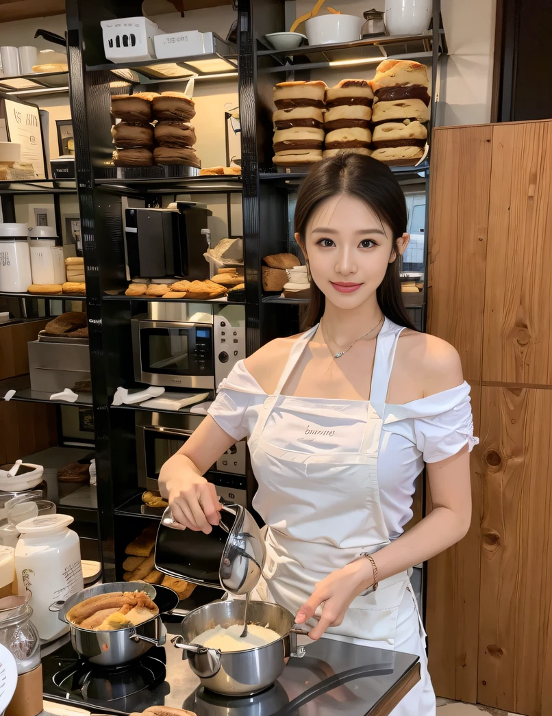 ，Masterpiece, Best quality，8K, 超高分辨率，Reallightandshadow，Cinema lenses，(beautidful eyes:1.1)，Woman in apron mixing ingredients in microwave in kitchen，Microwave oven in the background, cooking show, smooth white tight clothes suit, wearing apron, dressed as a pastry chef, Cooking, wearing white chef hat, cute bakery shop, white waist apron and undershirt, White apron, fantasy bakery, japanese maid cafe, cutecore, trending at cgstation, Cute woman