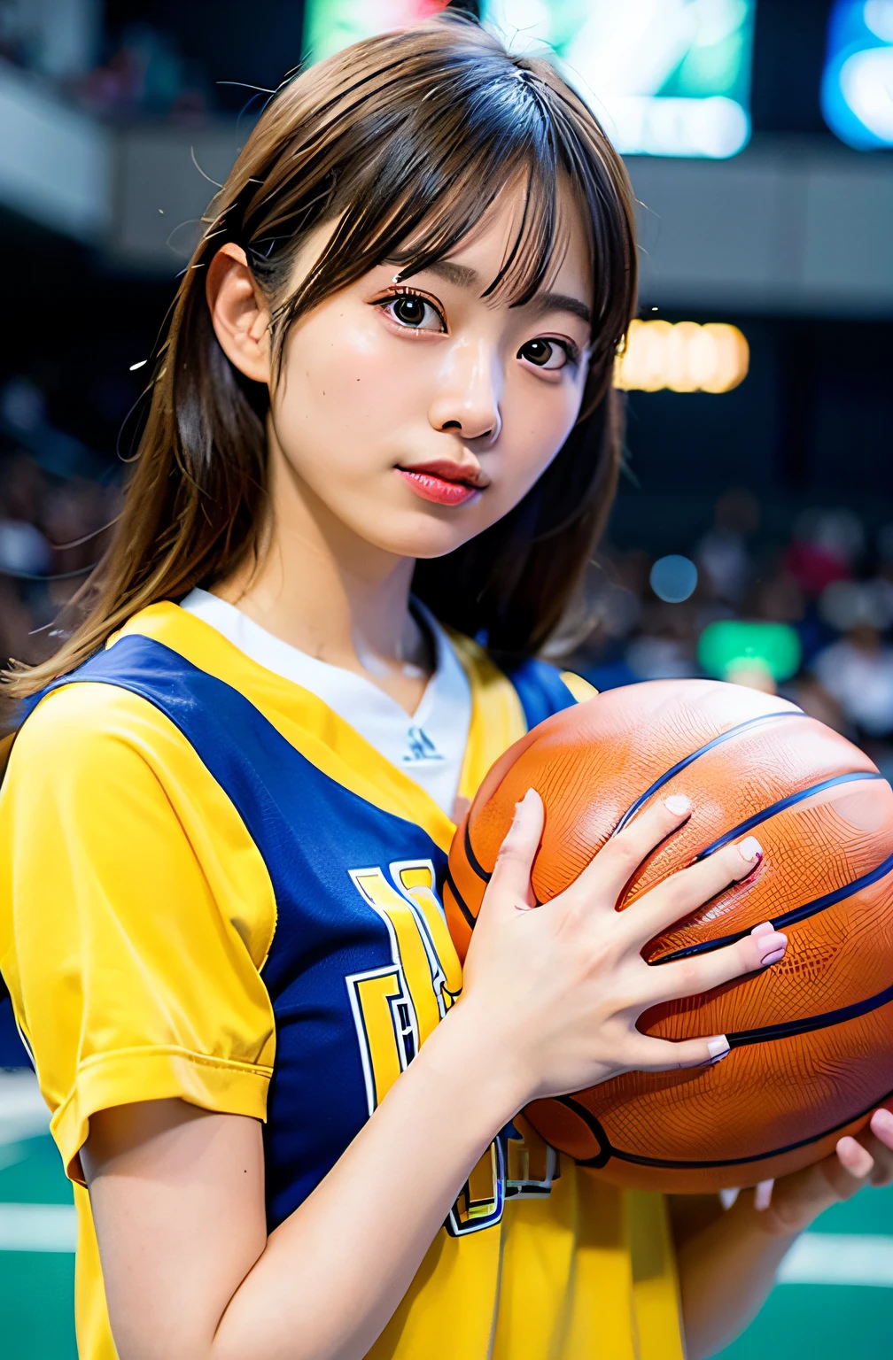 Beautiful woman with perfect body playing basketball(basket_uniform:1.Wearing 3)、Blue and yellow uniform、good hand、4K、hight resolution、​masterpiece、top-quality、headw:1.3、((Hasselblad photo))、Fine skin、Sharp focus、(电影灯光)、natta、Soft lighting、dynamic ungle、[:(详细的脸:1.2):0.2],(((inside_basketball_field)))、